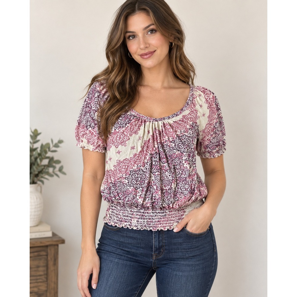 Mudd Blouse Large Purple Paisley Y2K Vintage Smocked Hem Rayon Scoop Neck Top